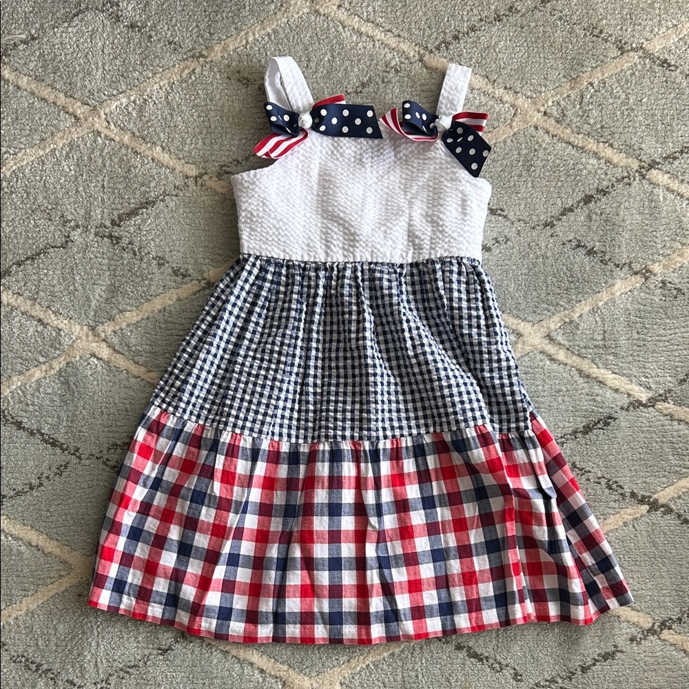 Bonnie Jean Red, White & Blue Plaid Tiered Sundress with Bow Straps